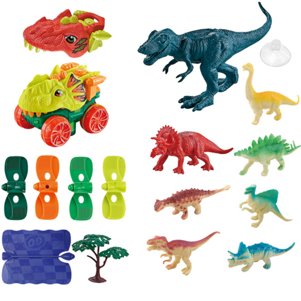 Dinosaur Race Track Set - 242 PCS, 48 Suction Cups, 8 Dinosaur Figures, 6 Trees, 360° Electric Dinosaur Car, Flexible Race Car Track Set, Dinosaur Toys for Boys Birthday Gift Kids 3 4 5 6 7 8 9