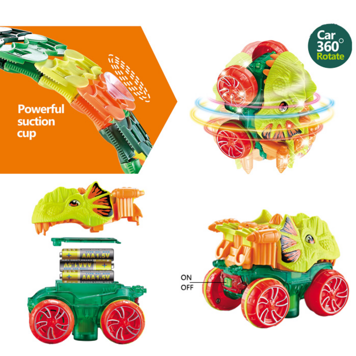 Dinosaur Race Track Set - 242 PCS, 48 Suction Cups, 8 Dinosaur Figures, 6 Trees, 360° Electric Dinosaur Car, Flexible Race Car Track Set, Dinosaur Toys for Boys Birthday Gift Kids 3 4 5 6 7 8 9