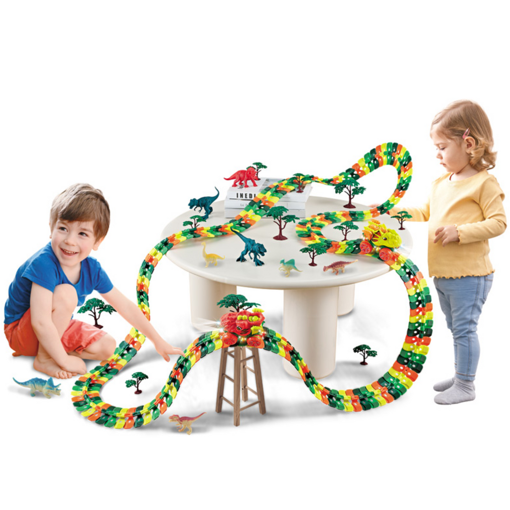 Dinosaur Race Track Set - 242 PCS, 48 Suction Cups, 8 Dinosaur Figures, 6 Trees, 360° Electric Dinosaur Car, Flexible Race Car Track Set, Dinosaur Toys for Boys Birthday Gift Kids 3 4 5 6 7 8 9