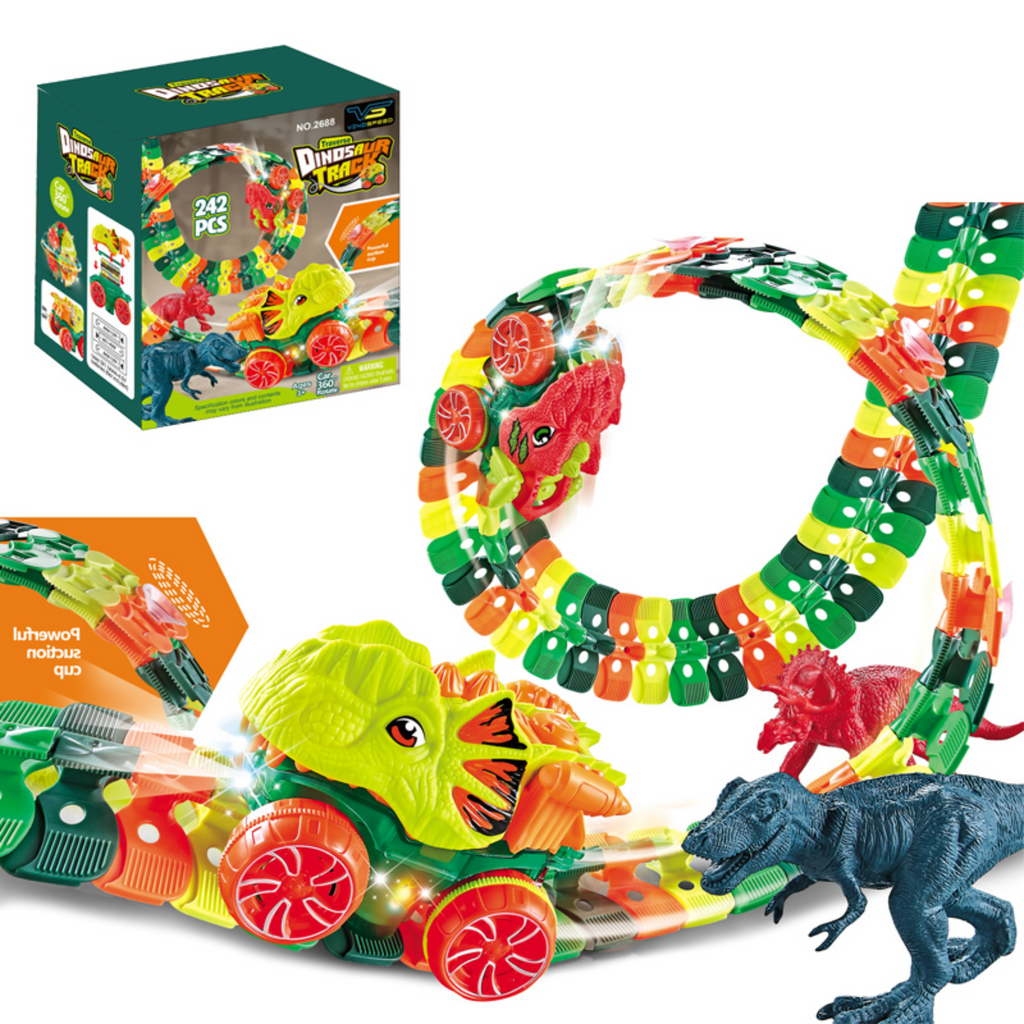 Dinosaur Race Track Set - 242 PCS, 48 Suction Cups, 8 Dinosaur Figures, 6 Trees, 360° Electric Dinosaur Car, Flexible Race Car Track Set, Dinosaur Toys for Boys Birthday Gift Kids 3 4 5 6 7 8 9
