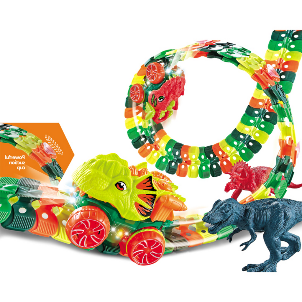Dinosaur Race Track Set - 242 PCS, 48 Suction Cups, 8 Dinosaur Figures, 6 Trees, 360° Electric Dinosaur Car, Flexible Race Car Track Set, Dinosaur Toys for Boys Birthday Gift Kids 3 4 5 6 7 8 9