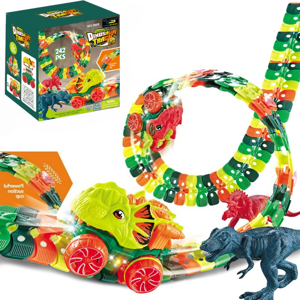 Dinosaur Race Track Set - 242 PCS, 48 Suction Cups, 8 Dinosaur Figures, 6 Trees, 360° Electric Dinosaur Car, Flexible Race Car Track Set, Dinosaur Toys for Boys Birthday Gift Kids 3 4 5 6 7 8 9