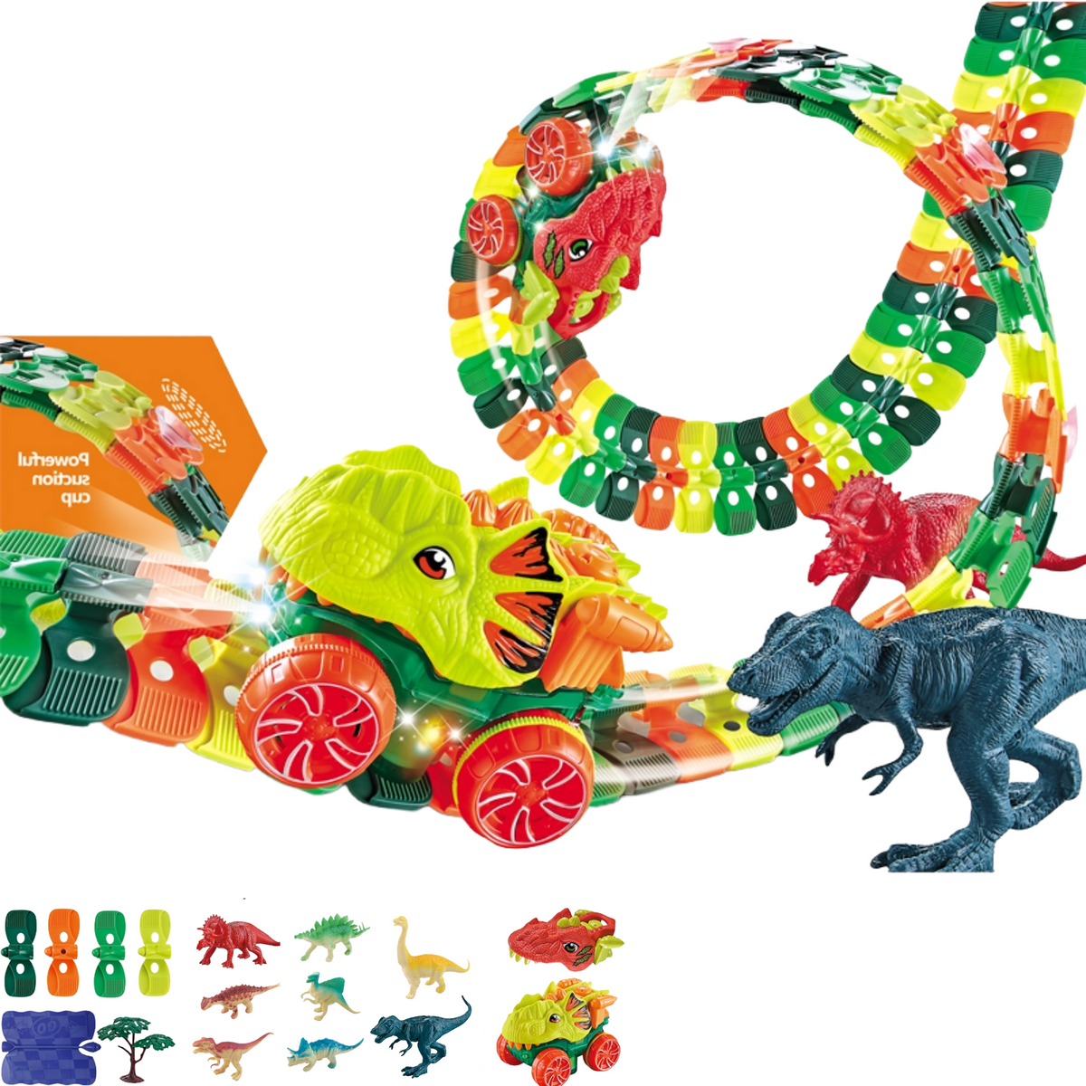 Dinosaur Race Track Set - 242 PCS, 48 Suction Cups, 8 Dinosaur Figures, 6 Trees, 360° Electric Dinosaur Car, Flexible Race Car Track Set, Dinosaur Toys for Boys Birthday Gift Kids 3 4 5 6 7 8 9